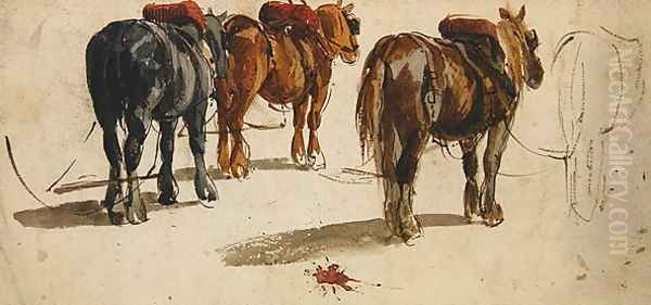 Three Cart-Horses in traces, back view - view 1