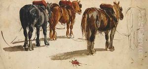 Three Cart-Horses in traces, back view