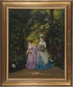 Elegant Ladies Gathering Flowers In A Garden by Hippolyte Henri P. Dubois