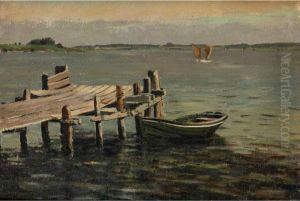 Blick Auf Den See Mit Einem Kahn Am Steg by Eugene Gustav Ducker