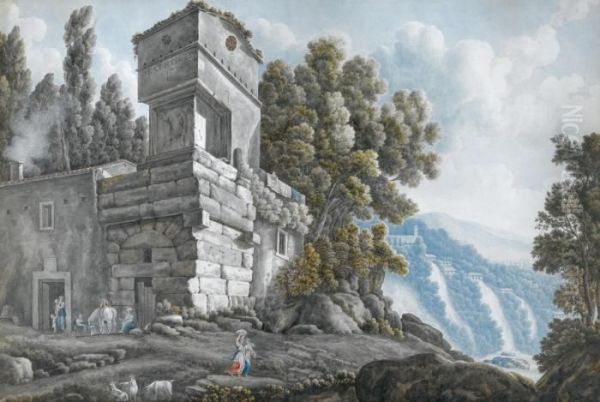 View Of A Villa Beside The Cascades At Tivoli, With Figures Below by Abraham Louis R. Ducros