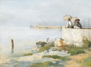 Drei Damen Mit Sonnenschirmen Am Ufer Des Genfersees.