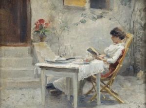 Lesende Dame Auf Einer Terrasse.