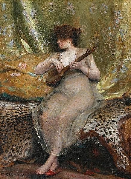 A Woman With A Sitar Seated On A Leopard Skin - view 1