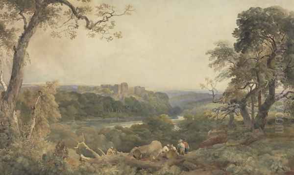 Castle above a River, Woodcutters in the Foreground - view 1