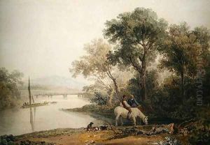 Rustics watering their Horses at a River's Edge, a Tower beyond by Peter de Wint