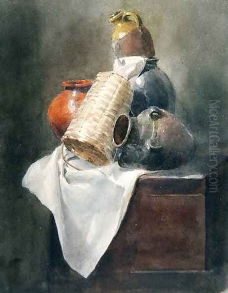 Still Life Pots, Basket and Cloth on a Chest - view 1