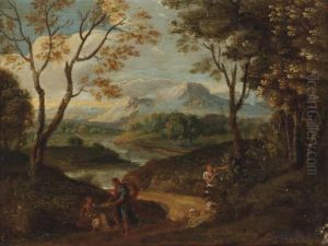 A Mountainous River Landscape With Figures On A Path
