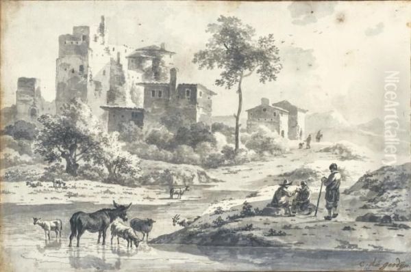 Italian Landscape With Herdsmen And Animals By A Stream - view 1