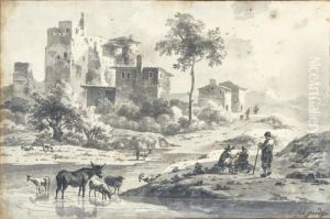 Italian Landscape With Herdsmen And Animals By A Stream by Karel Dujardin