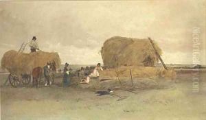 Harvesting scene, stacking hay by Peter de Wint