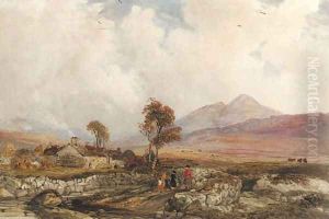 An extensive landscape with figures on a track and buildings beyond, Wales