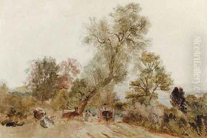 Figures and a horse and cart on a country track by Peter de Wint