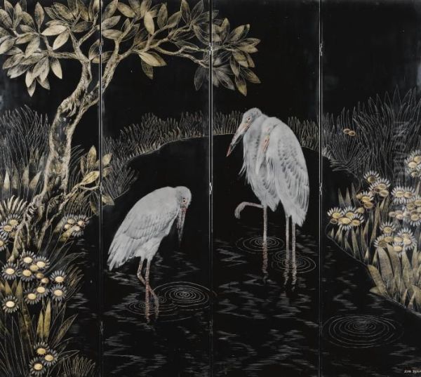 'marabou Storks' Four Panel Screen - view 1