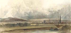 A distant view of Gloucester with the River Severn in the distance