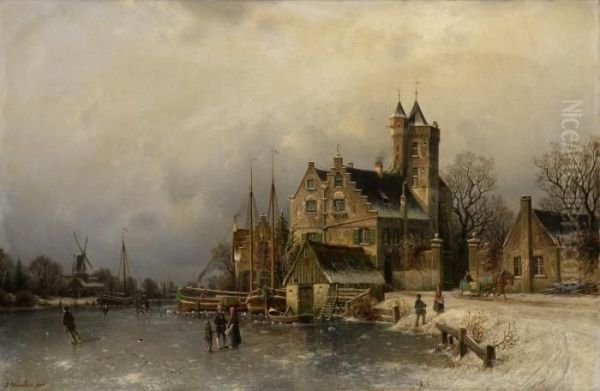 Winterlandschaft Mit Burg An Einem Zugefrorenem Kanal - view 1