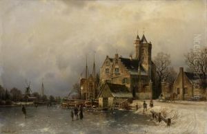 Winterlandschaft Mit Burg An Einem Zugefrorenem Kanal