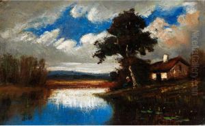 Landschaft Mit Haus Unter Einem Baum Am Weiher by Jules Dupre