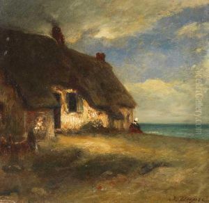 Chaumiere Au Bord De La Mare Avec Paysanne Assise by Jules Dupre
