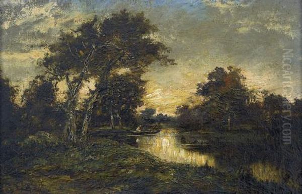 Flusslandschaft Mit Fischer In Der Abenddammerung - view 1