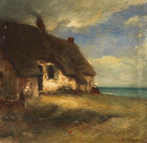 Chaumiere Au Bord De La Mare Avec Paysanne Assise. by Jules Dupre