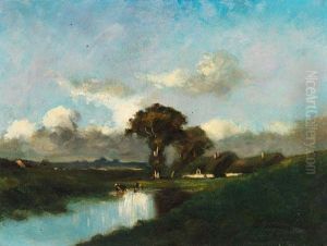 Chaumiere Au Bord De La Mare, Avec Vaches A L'abreuvoir. by Jules Dupre