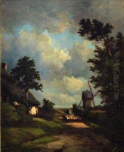 Paysage Au Troupeau Pres Du Moulin by Jules Dupre