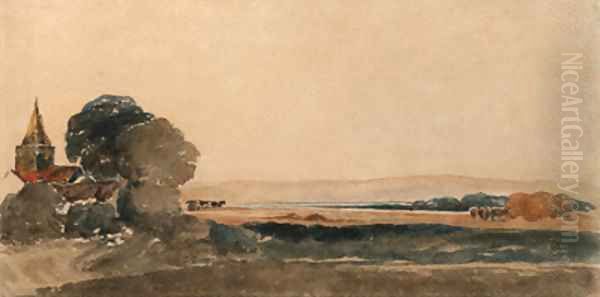 A church in a landscape with hay stacks and cattle grazing beyond - view 1