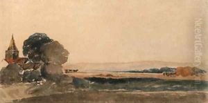 A church in a landscape with hay stacks and cattle grazing beyond