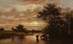 Cattle Watering At Sunset by Jules Dupre