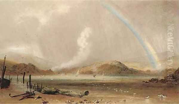 A rainbow over a Welsh estuary, a squall approaching - view 1
