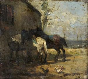 Chevaux De Trait Devant Un Bord De Mer by Jules Dupre