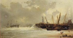 Fishing Vessels Moored On A Beach by Jean Baptiste Henri Durand-Brager