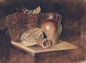 Still-life with a jug and wicker baskets by Peter de Wint