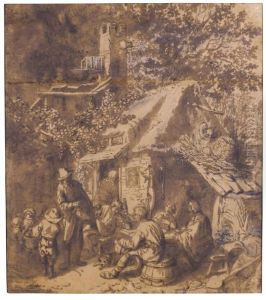 A Hurdy-gurdy Player With Peasants And Children Outside An Inn by Cornelis Dusart