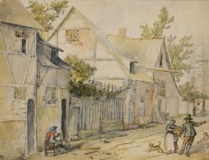 A Village Street, With A Family 
Of Peasants To The Right, And Another Seated To The Left, Drinking by Cornelis Dusart