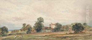 A landscape with harvesters in the foreground by Peter de Wint