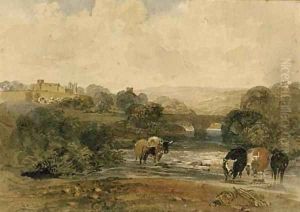Cows beside the river, a castle on the hill beyond, in a rural landscape by Peter de Wint