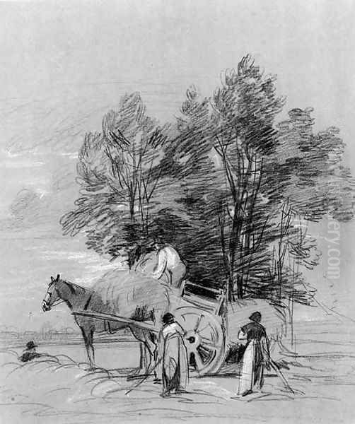 Figures loading a haycart, beneath a tree - view 1