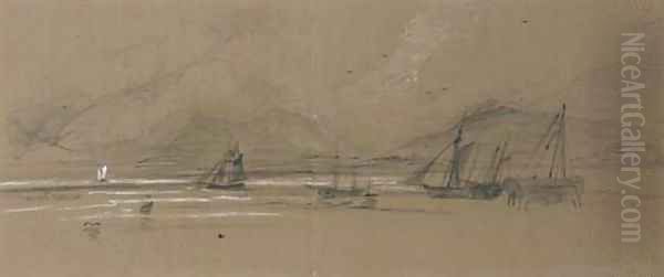 Fishing vessels in a coastal landscape - view 1