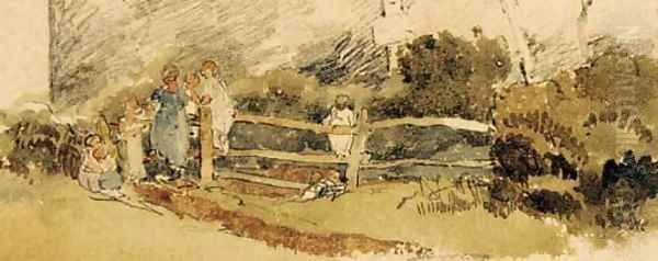 Study of children climbing a fence - view 1
