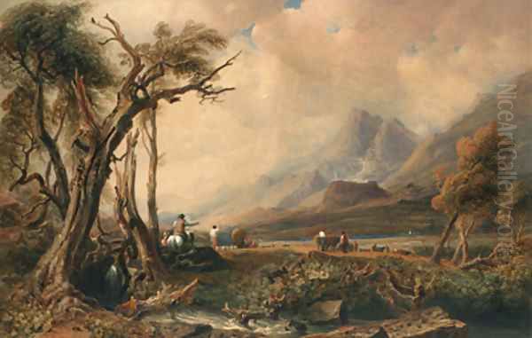 An extensive Cumbrian landscape with drovers and cattle - view 1