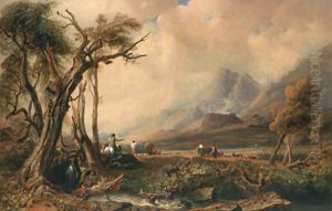 An extensive Cumbrian landscape with drovers and cattle An extensive Cumbrian landscape with drovers and cattle