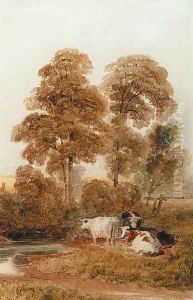 Cattle by a stream in a wooded landscape, near Cookham, Berkshire by Peter de Wint