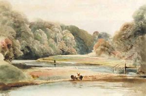 River landscape with deer drinking at the water's edge, near Sackbridge Hall and the High Park, Lowther by Peter de Wint