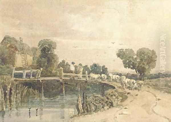 Shepherd and flock on a bridge, near Newark - view 1
