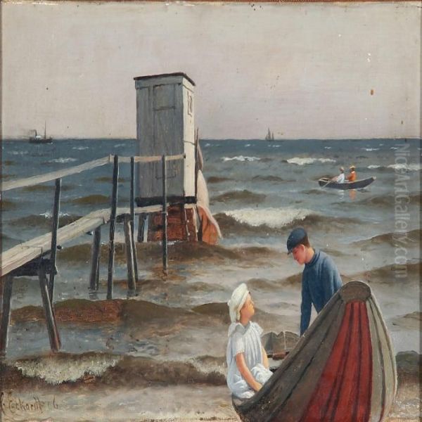 Coastal Scene With A Boy And A Girl On The Way Out To Sea - view 1