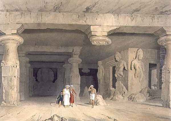 Interior of the Great Cave Temple of Elephanta, near Bombay, in 1803, from Volume II of Scenery, Costumes and Architecture of India, engraved by J. Baily, pub. by Smith, Elder and Company, 1830 - view 1