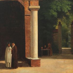 Monastery With Two Conversation Monks And Monks Around A Table by Christoffer Wilhelm Eckersberg