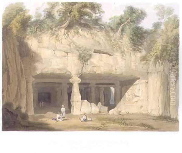 Exterior of the Great Cave Temple of Elephanta, near Bombay, in 1803, from Volume II of Scenery, Costumes and Architecture of India, engraved by S.G. Hughes, pub. by Smith, Elder and Company, 1830 - view 1